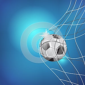 SOCCER GAME MATCH. GOAL MOMENT. BALL IN THE NET. TEMPLATE ILLUSTRATION ON BLUE BACKGROUND