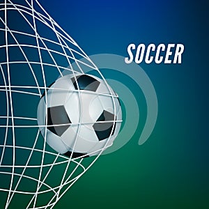 Soccer game match goal moment with ball in the net. Vector illustration isolated on blur background