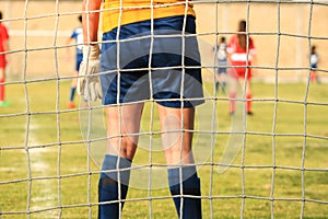 Soccer girl goalkeeper in grass field during game. Net view.