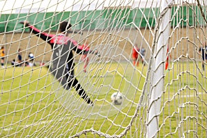 Soccer girl goalkeeper shoot in grass field.