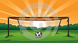 Soccer goal with ball on the field at sunset. Vector illustration