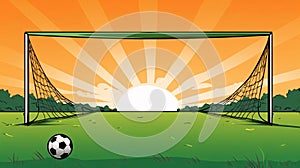 Soccer goal with ball in the field at sunset. Vector illustration