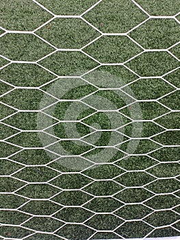 Soccer goal net against green background