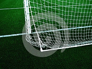 Soccer Goal Net with Grass Background. Football field markings and stripes