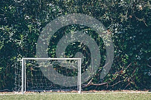 Soccer goal at the outdoor amateur field surrounded by green plant wall