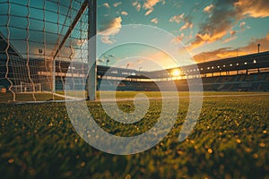 Soccer Goal Post Perspective on Lush Field at Stadium, Sunset Lighting with Game in Progress