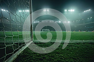 Soccer Goal Post Perspective on Lush Field at Stadium, Sunset Lighting with Game in Progress