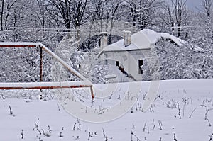 Soccer goal and village house