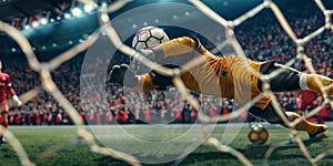 soccer goalie gracefully dives across the field to catch the incoming ball, demonstrating agility and precision in their