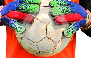 Soccer goalkeeper catching ball with hands