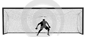 Soccer goalkeeper in front of goal net vector silhouette. Football  goal keeper net isolated on white background. Defender sport