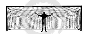 Soccer goalkeeper in front of goal net vector silhouette. Football  goal keeper net isolated on white background. Defender sport