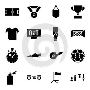 Soccer icon set. Included the icons as soccer field, ball, uniform, substitution, Whistle, trophy and more.