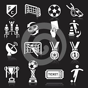 Soccer icons on black background.