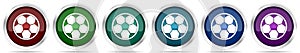 Soccer icons, set of silver metallic glossy web buttons in 6 color options isolated on white background