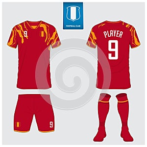 Soccer jersey or football kit mockup design for football club. Football logo in flat design.