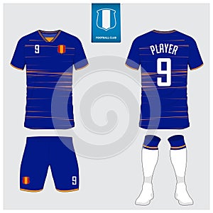 Soccer jersey or football kit mockup design for football club. Football logo in flat design.