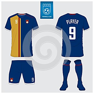 Soccer jersey or football kit mockup design. Football shirt, short, sock template. Football badge in flat design.