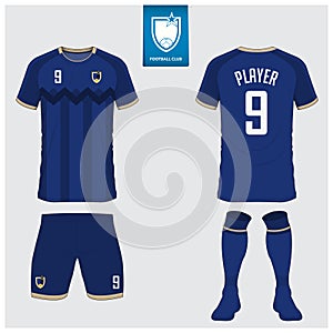 Soccer jersey or football kit mockup design. Football shirt, short, sock template. Football badge in flat design.