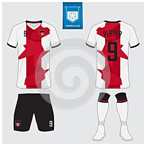 Soccer jersey or football kit mockup design. Soccer uniform in front view, back view. Football badge in flat design.