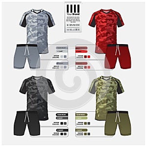 Soccer jersey or football kit template design for football club. Set of green, gray, black, red camouflage pattern.