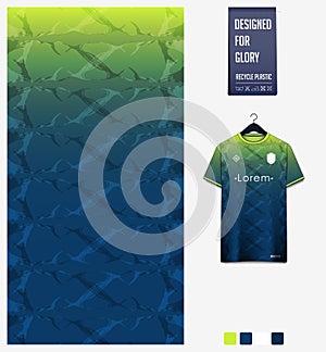 Soccer jersey pattern design. Abstract pattern on blue background for soccer kit, football kit, sports uniform. Shirt mockup.