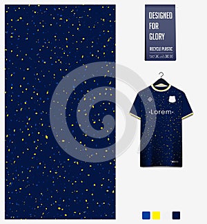 Soccer jersey pattern design. Dot splatter pattern on dark blue background for soccer kit, football kit or sports uniform.