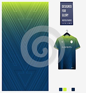 Soccer jersey pattern design. Ethnic pattern on green background for soccer kit, football kit, uniform. Abstract background.