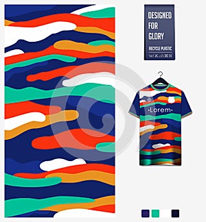 Soccer jersey pattern design. Fluid pattern on colorful background for soccer kit, football kit, sports uniform. T shirt mockup.