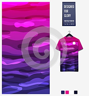 Soccer jersey pattern design. Fluid pattern on violet background for soccer kit, football kit. Sports Background.