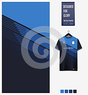 Soccer jersey pattern design. Geometric pattern on blue background for soccer kit, football kit, uniform. Abstract background.