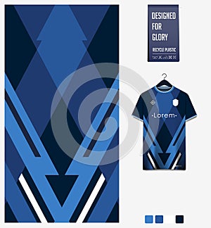 Soccer jersey pattern design. Geometric pattern on blue background for soccer kit, football kit, uniform. Abstract background.