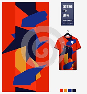 Soccer jersey pattern design. Geometric pattern on orange background for soccer kit, football kit, uniform. Abstract background.