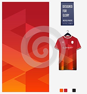 Soccer jersey pattern design. Geometric pattern on orange background for soccer kit, football kit, uniform. Abstract background.
