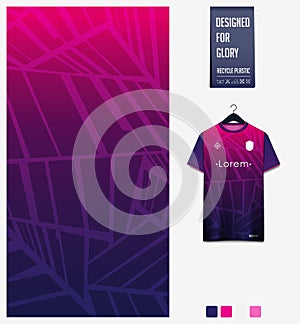 Soccer jersey pattern design. Geometric pattern on violet background for soccer kit, football kit, uniform. Abstract background.