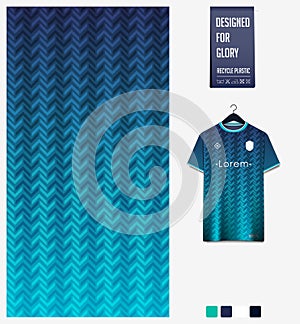 Soccer jersey pattern design. Herringbone pattern on blue background for soccer kit, football kit, uniform. Abstract background.