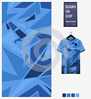 Soccer jersey pattern design. Mosaic pattern on blue background for soccer kit, football kit, bicycle, e-sport, t shirt mockup.