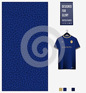 Soccer jersey pattern design. Mosaic pattern on blue background for soccer kit, football kit, sports uniform. Shirt mockup