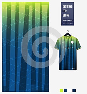 Soccer jersey pattern design. Stripes pattern on blue background for soccer kit, football kit. Abstract background.