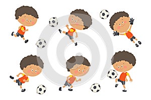 Soccer kid set. Cute boy playing football in yellow and black sport uniform. Goalkeeper catching a soccer ball. Cartoon