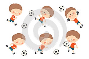 Soccer kid set. Cute caucasian boy playing football in red and blue sport uniform. Goalkeeper catching a soccer ball