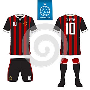 Soccer kit or football jersey template for football club. Flat football logo on blue label. Front and back view soccer uniform. Fo