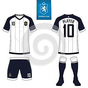 Soccer kit or football jersey template for football club. Short sleeve football shirt mock up. Front and back view soccer uniform.