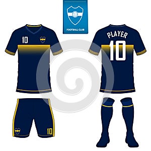 Soccer kit or football jersey template for football club. Short sleeve football shirt mock up. Front and back view soccer uniform.