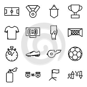 Soccer line icon set. Included the icons as soccer field, ball, uniform, substitution, Whistle, trophy and more.