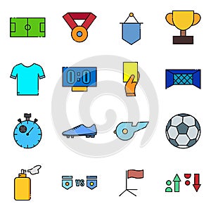 Soccer lineal color icon set. Included the icons as soccer field, ball, uniform, substitution, Whistle, trophy and more.