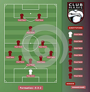 Soccer Lineups, Football Players 5-3-2 variation Formation Scheme