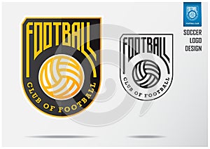 Soccer logo or Football Badge template design for football team. Sport emblem design of golden soccer ball on black shield