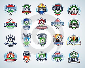 Soccer logo templates set. Football logotypes. Set of soccer football crests and logo template emblem designs.