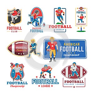 Soccer logo vector footballer or soccerplayer character in sportswear playing with soccerball on football pitch